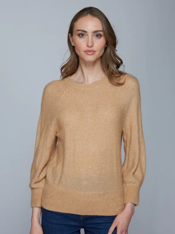 Sequin Blouson Sleeve Raglan Crew in Buckskin sold by Autumn Cashmere