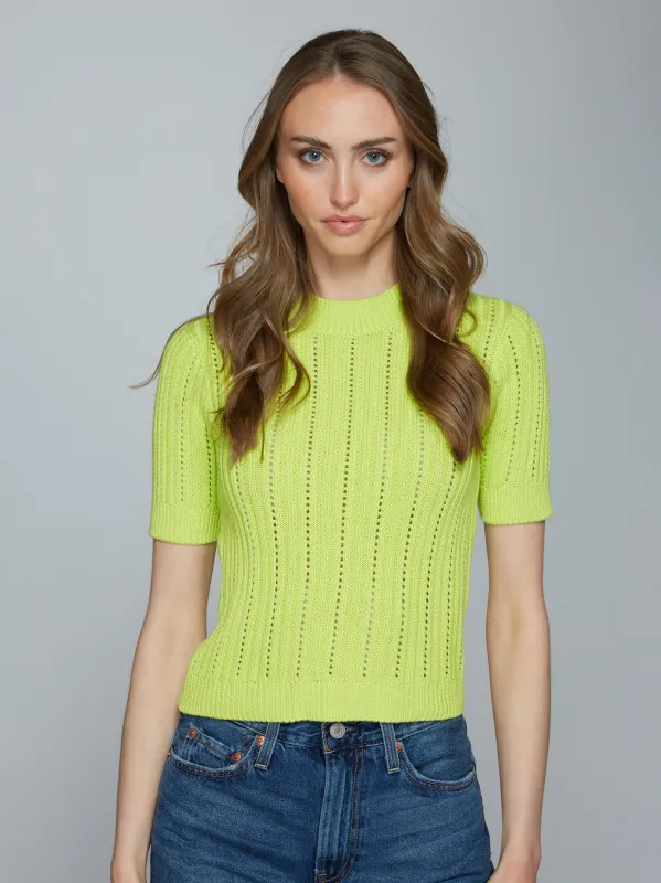 Cropped Rib/Pointelle S/S Mock in Glowstick sold by Autumn Cashmere