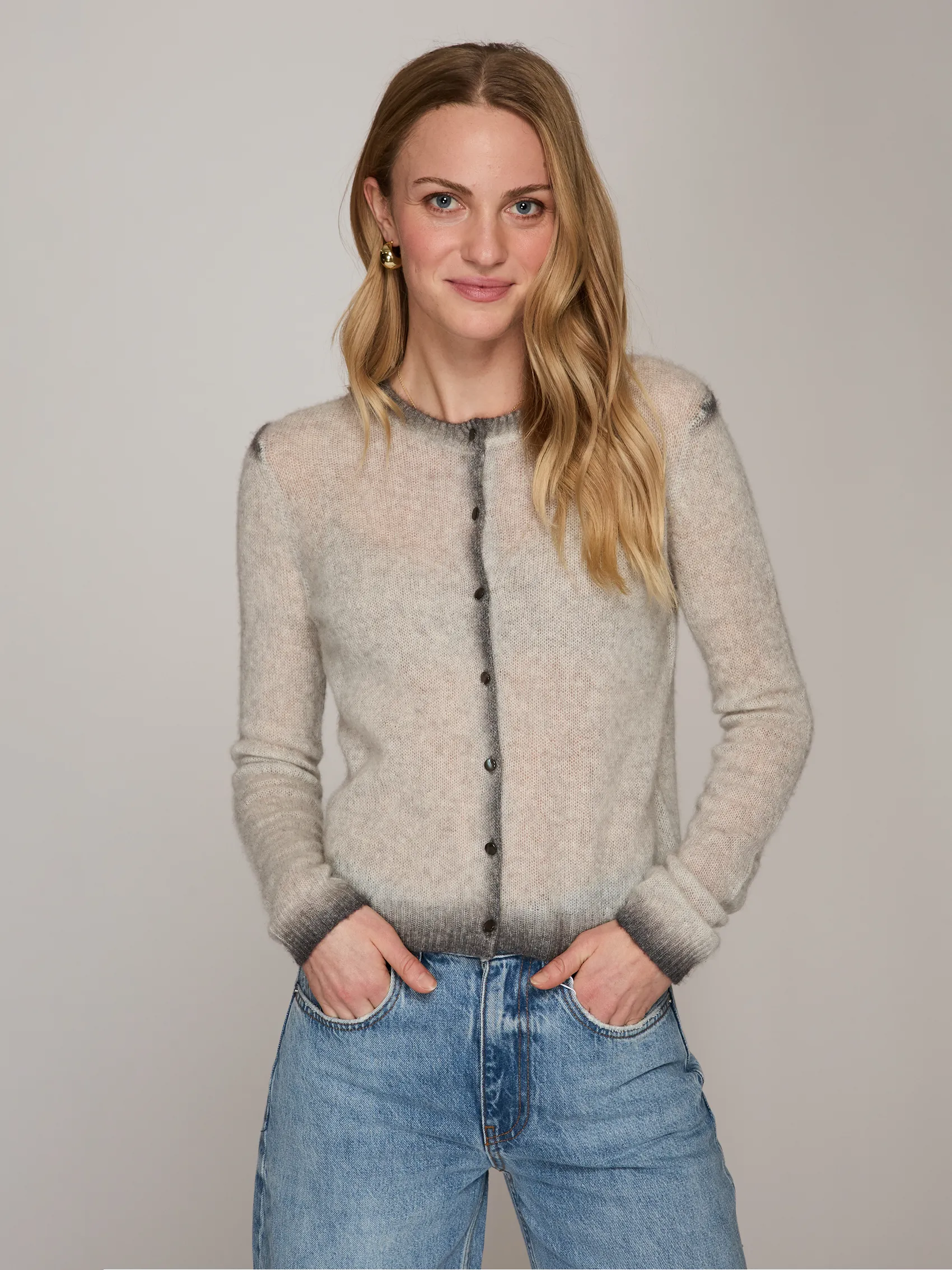 Smudge Tip Cardigan in Mist sold by Autumn Cashmere