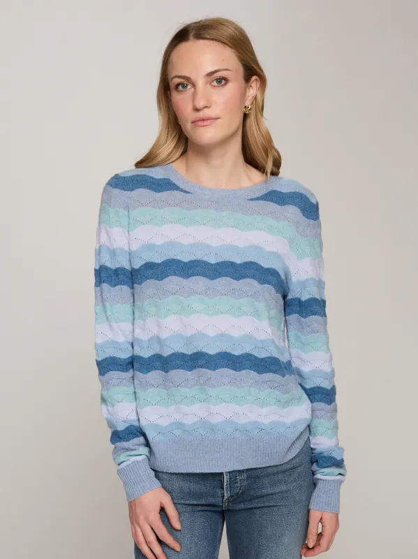 Tonal Wavy Pointelle Stripe Crew in Wedgewood Combo sold by Autumn Cashmere