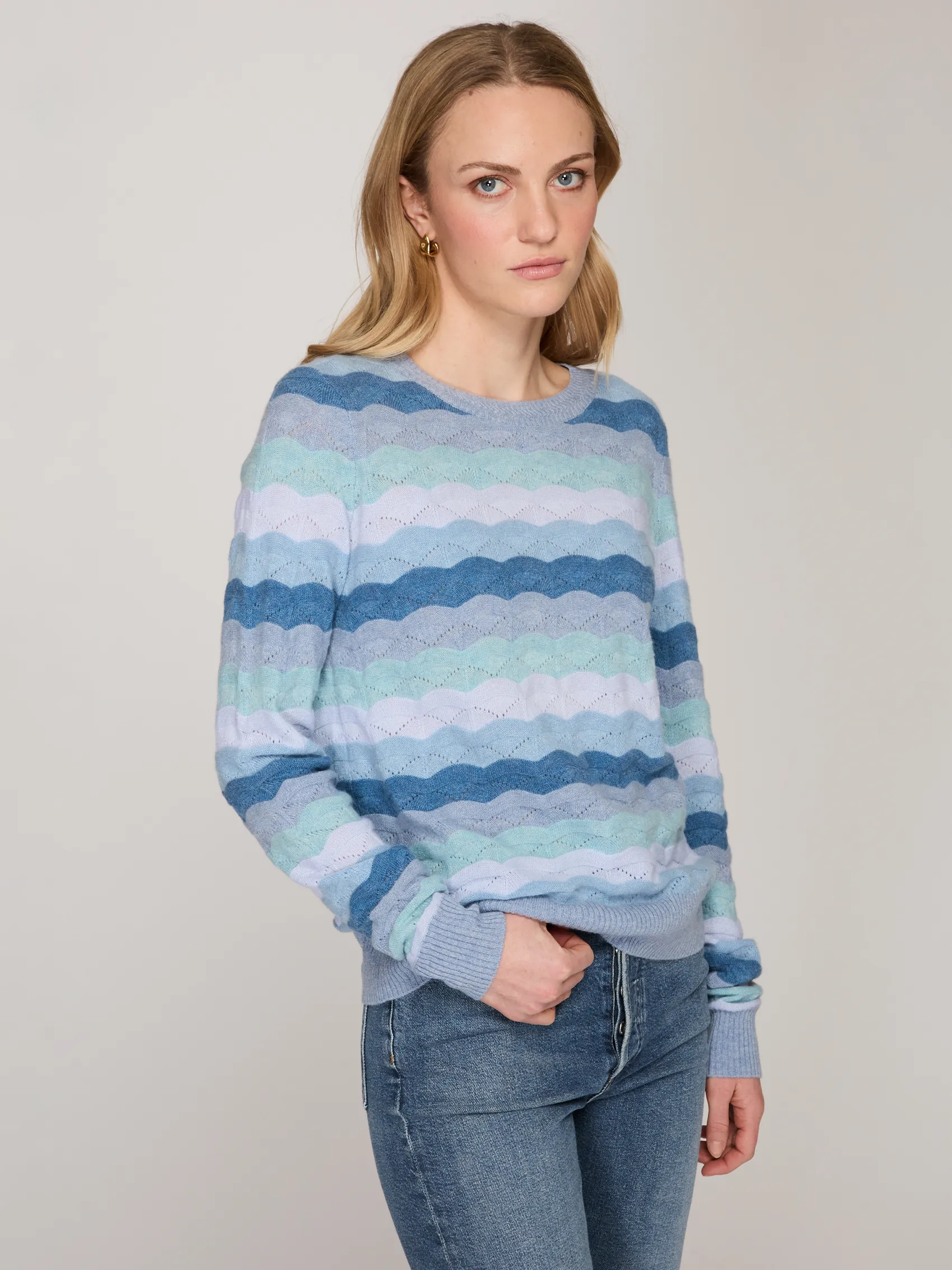 Tonal Wavy Pointelle Stripe Crew in Wedgewood Combo sold by Autumn Cashmere product image thumbnail 3