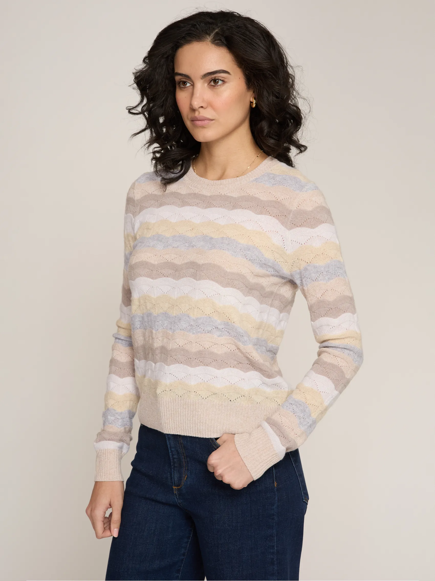 Tonal Wavy Pointelle Stripe Crew in Basket Combo sold by Autumn Cashmere product image thumbnail 3