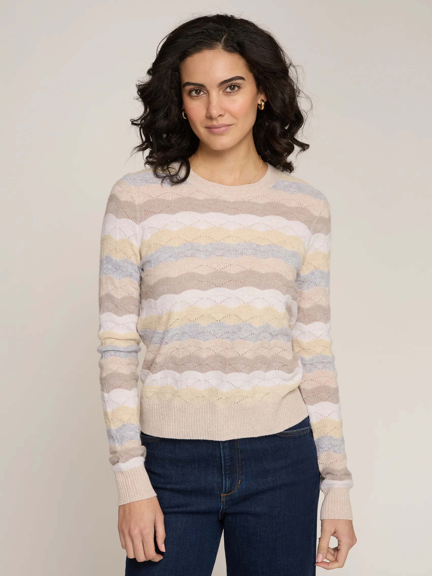 Tonal Wavy Pointelle Stripe Crew in Basket Combo sold by Autumn Cashmere