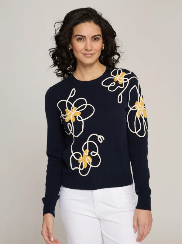 Floral Applique Crew in Navy Combo sold by Autumn Cashmere