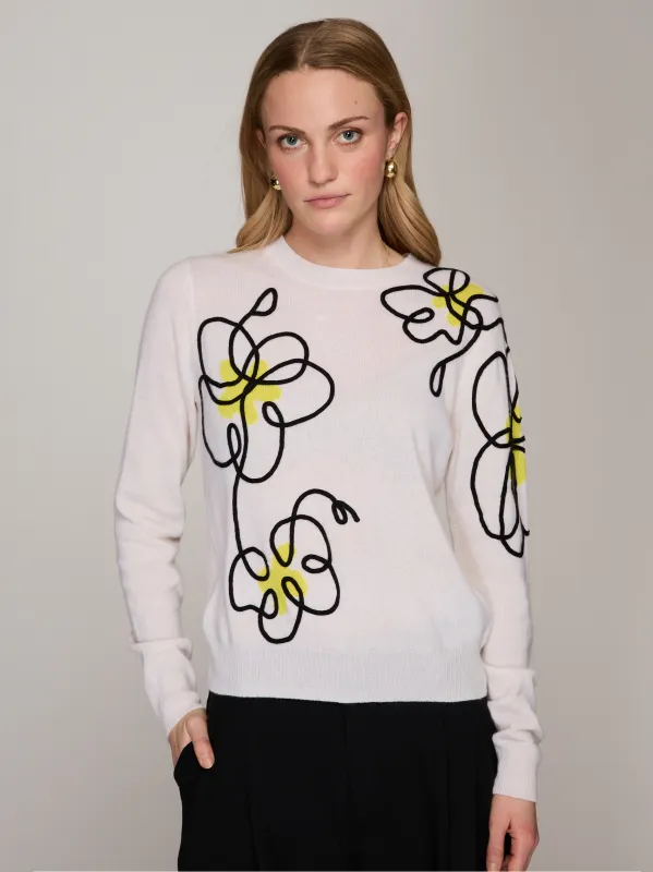 Floral Applique Crew in Chalk Combo sold by Autumn Cashmere