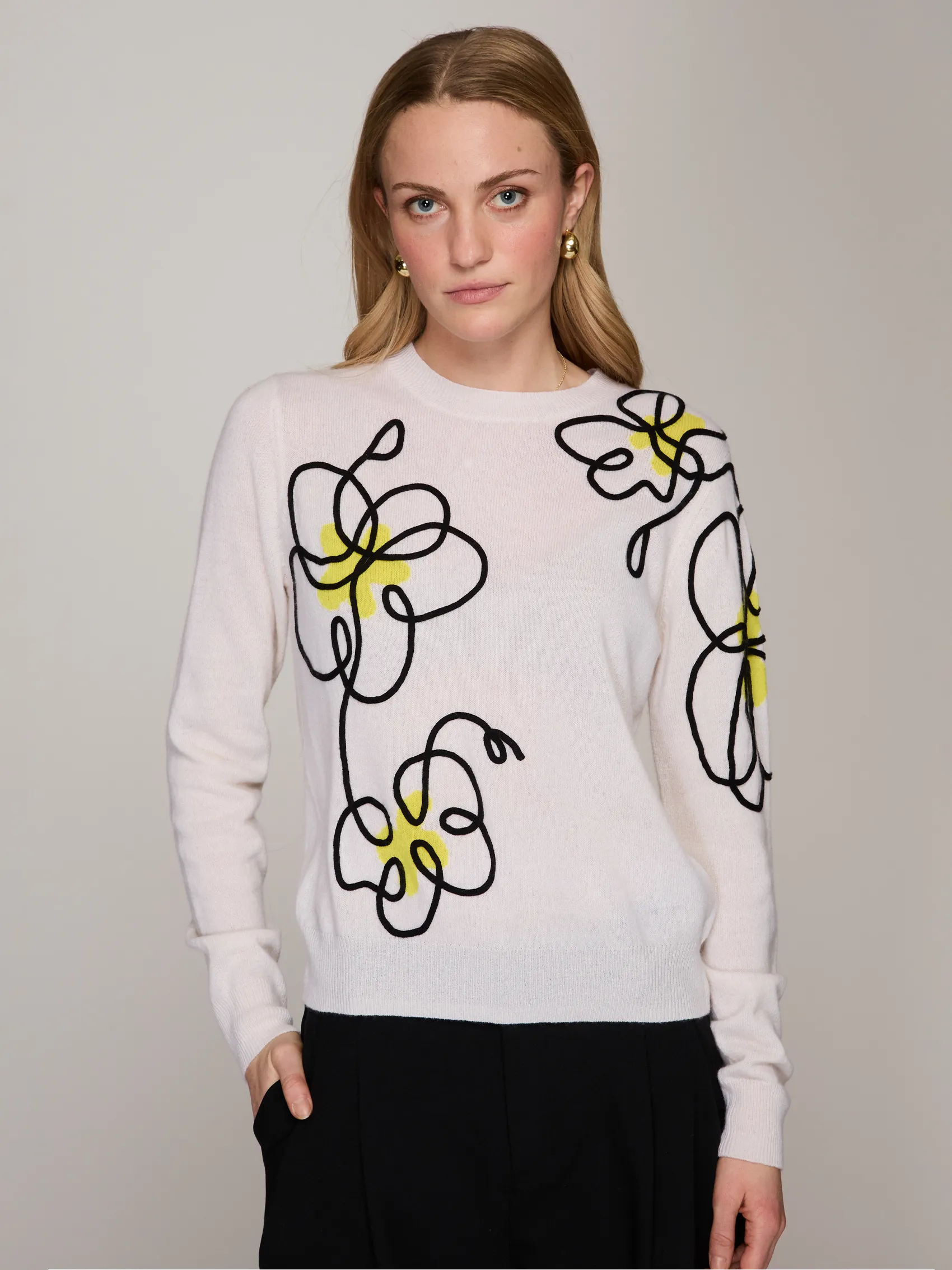 Floral Applique Crew in Chalk Combo sold by Autumn Cashmere