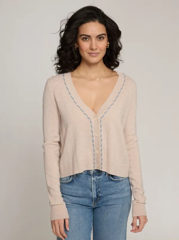 V-Neck Cardigan w/ Tubular Lacing in Basket Combo made by Autumn Cashmere