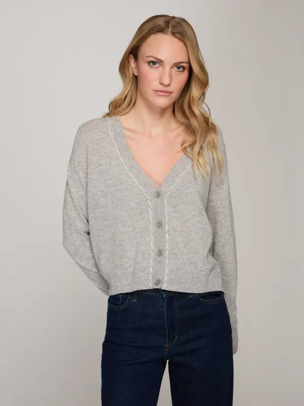 V-Neck Cardigan w/ Tubular Lacing in Sweatshirt Combo made by Autumn Cashmere