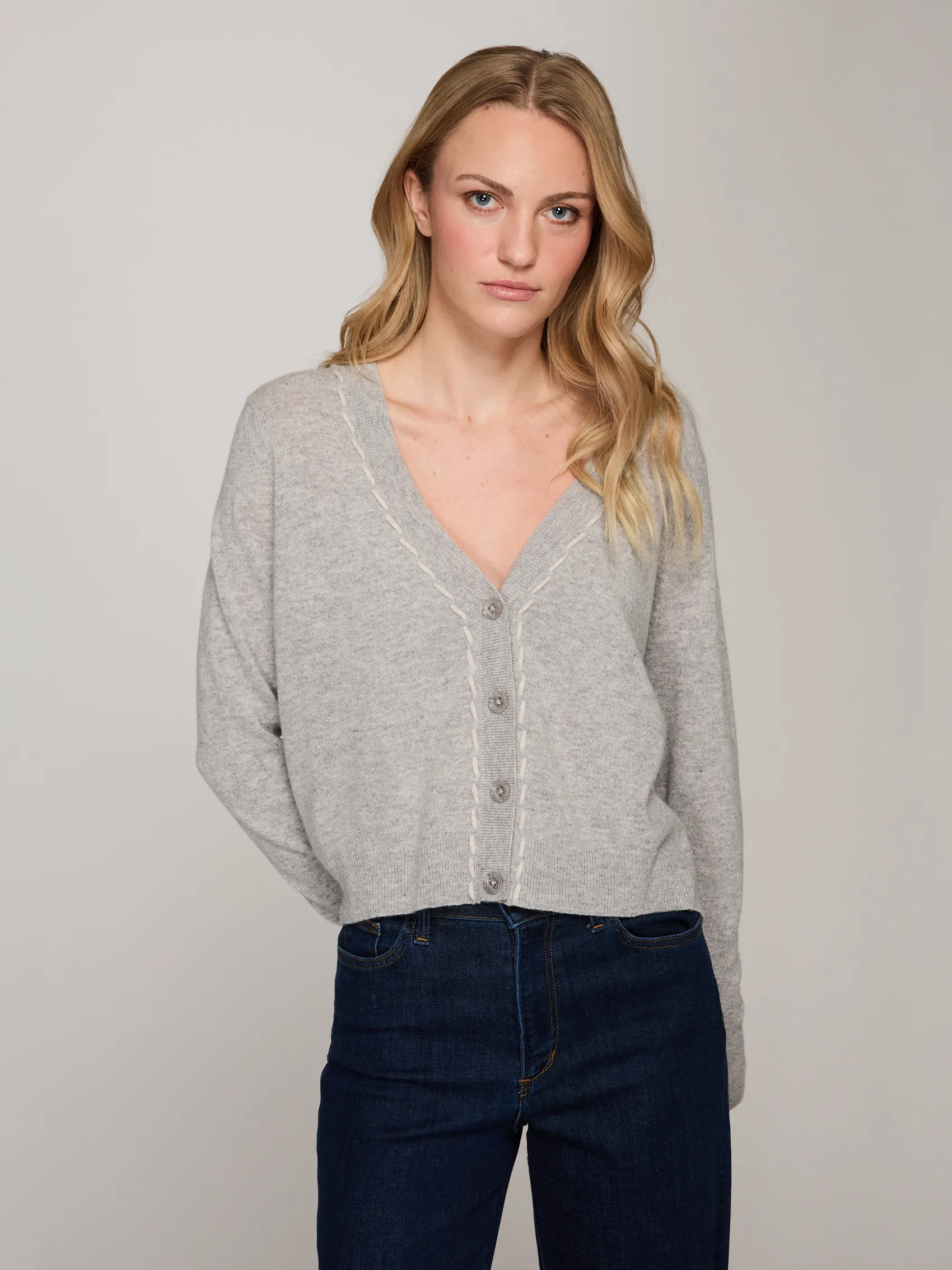 V-Neck Cardigan w/ Tubular Lacing in Sweatshirt Combo sold by Autumn Cashmere