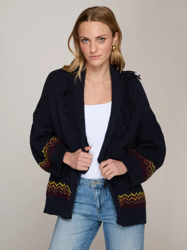 Sunrise Fringed Shawl Collar Throw in Navy Combo made by Autumn Cashmere