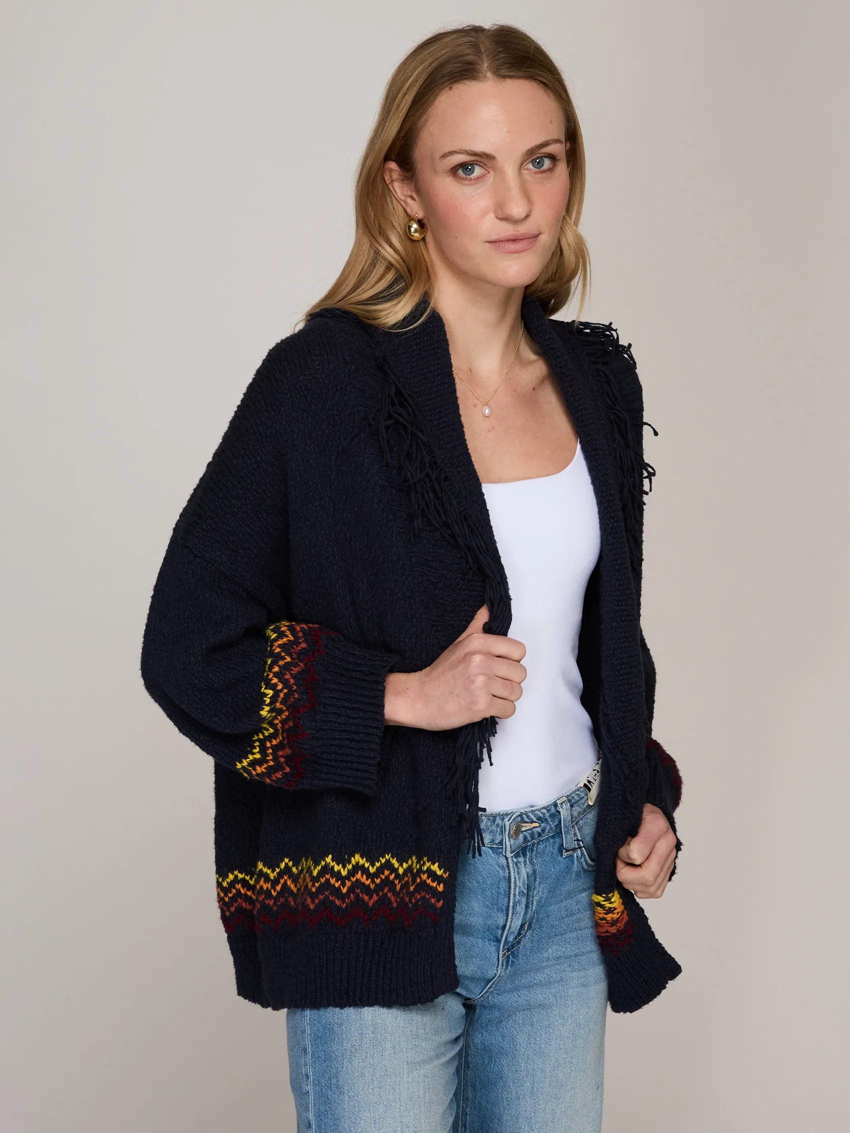 Sunrise Fringed Shawl Collar Throw in Navy Combo sold by Autumn Cashmere product image thumbnail 3