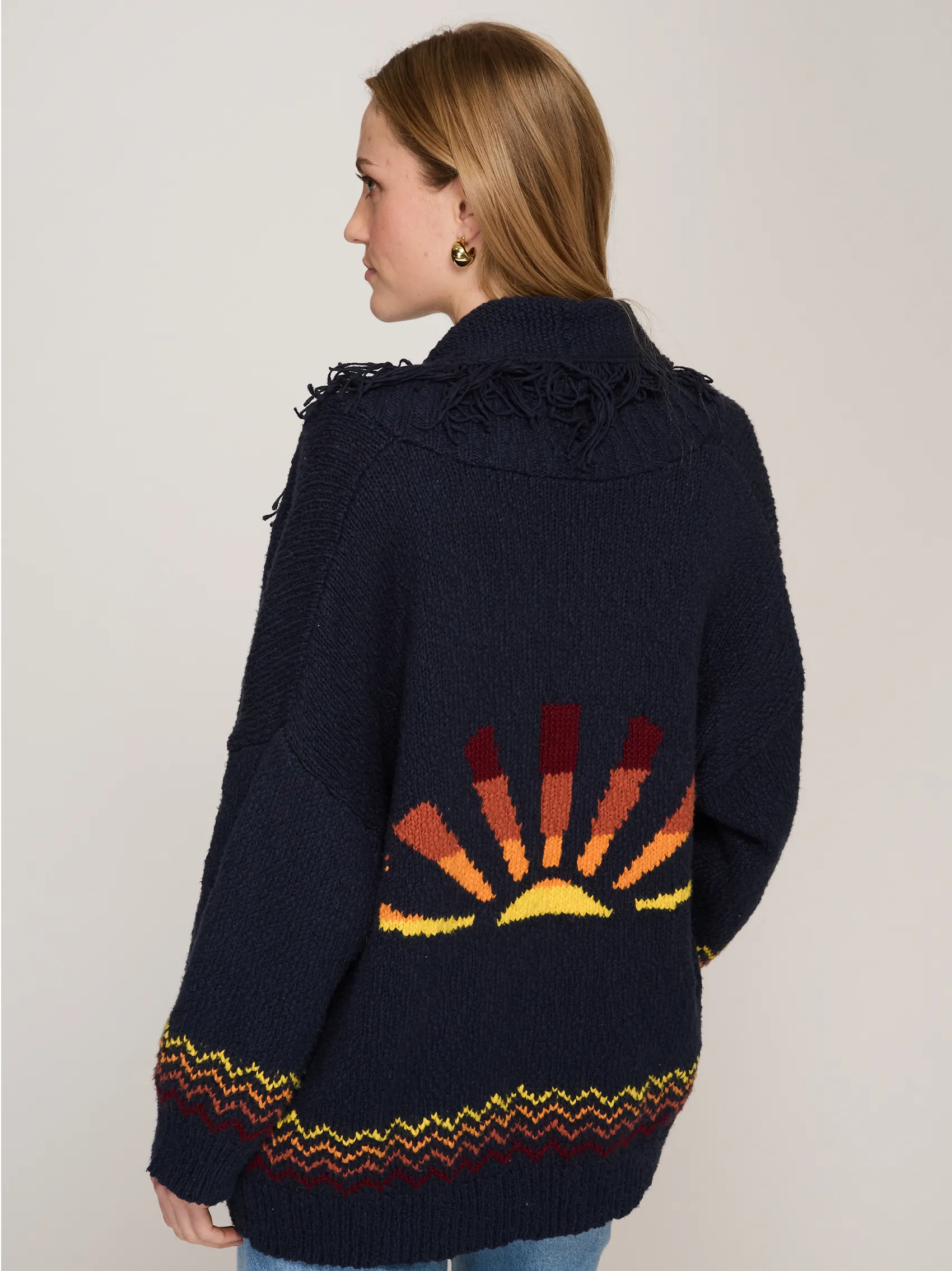 Sunrise Fringed Shawl Collar Throw in Navy Combo sold by Autumn Cashmere product image thumbnail 4