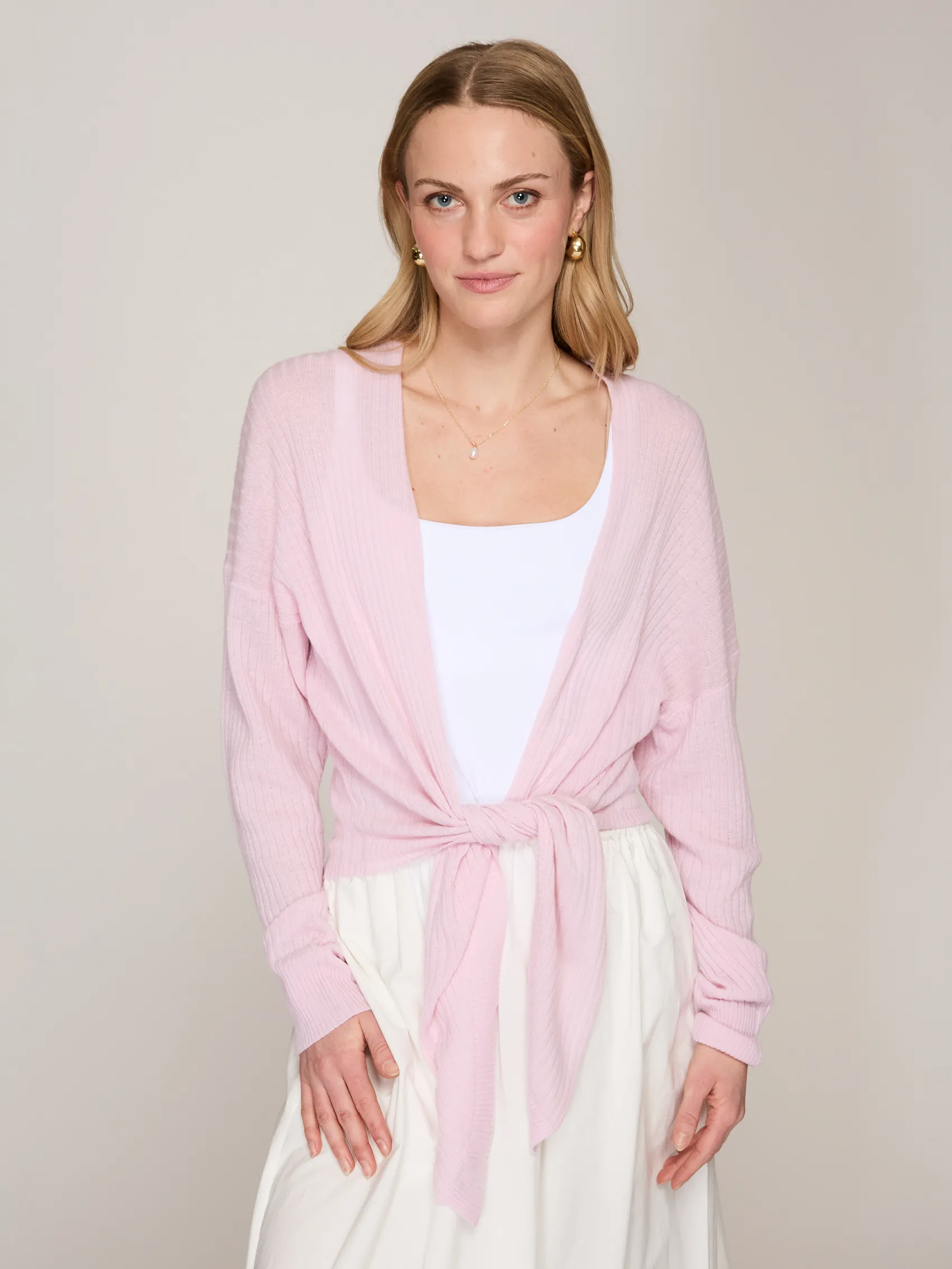 Tie Front Rib Cardigan in Peony sold by Autumn Cashmere