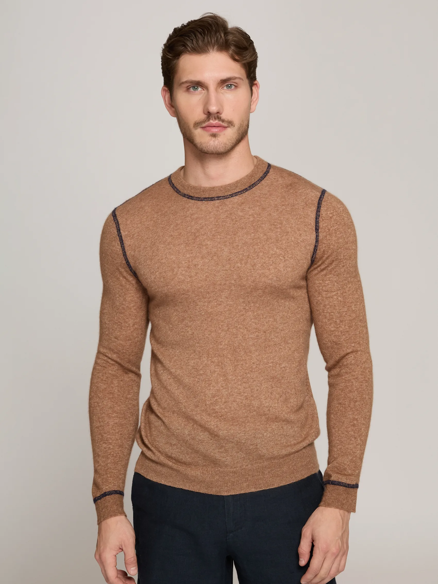 Italian Crew w/ Coverstitch in Camel/Navy sold by Autumn Cashmere
