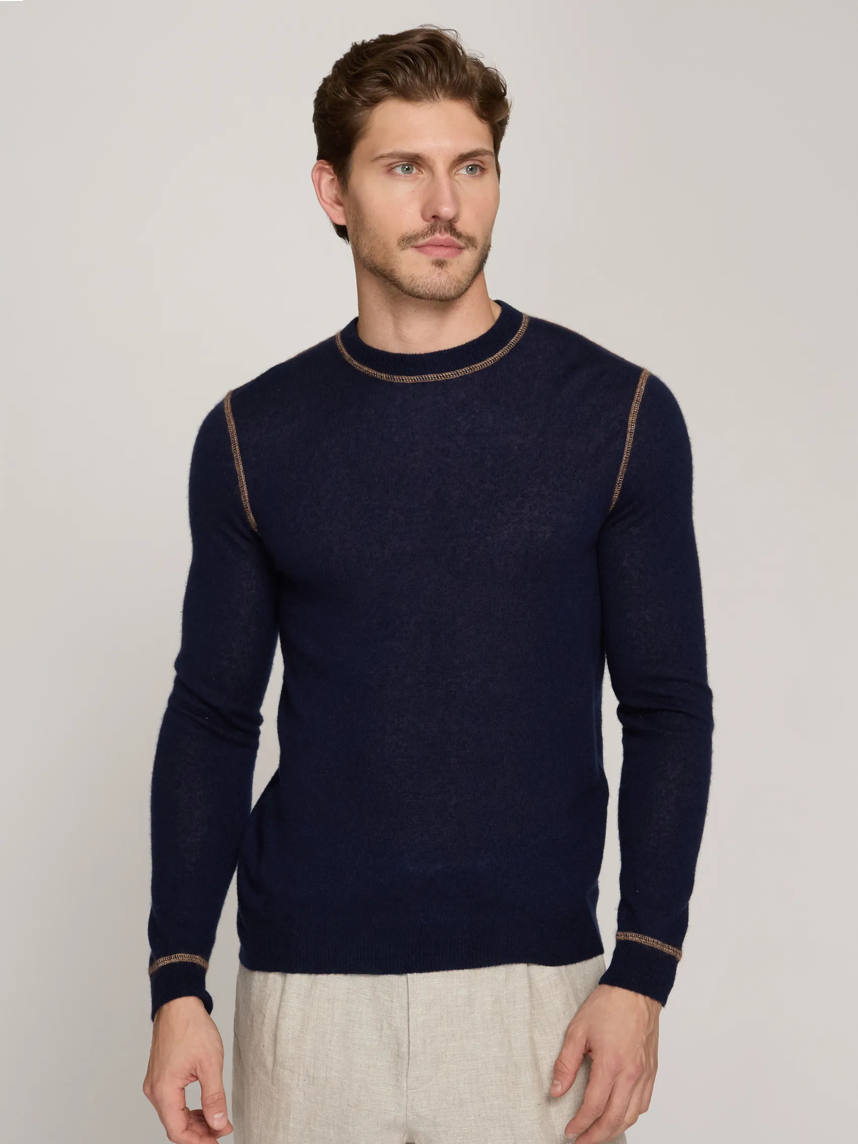 Italian Crew w/ Coverstitch in Navy/Camel sold by Autumn Cashmere