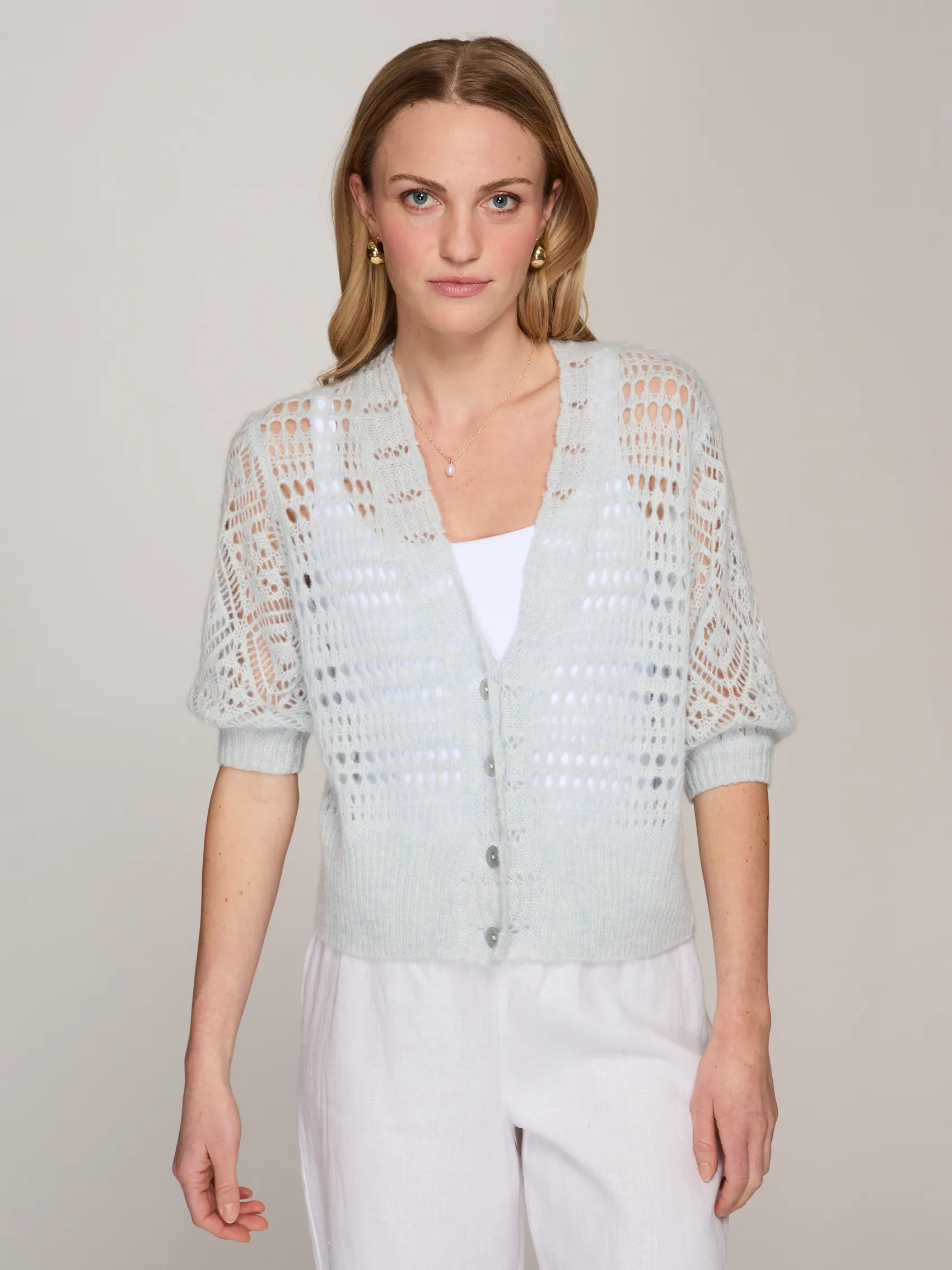 S/S Mixed Pointelle Cardigan in Space sold by Autumn Cashmere