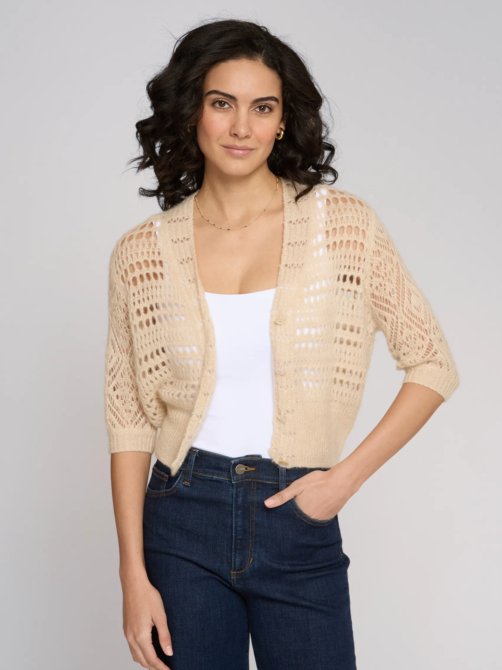 S/S Mixed Pointelle Cardigan in Latte sold by Autumn Cashmere