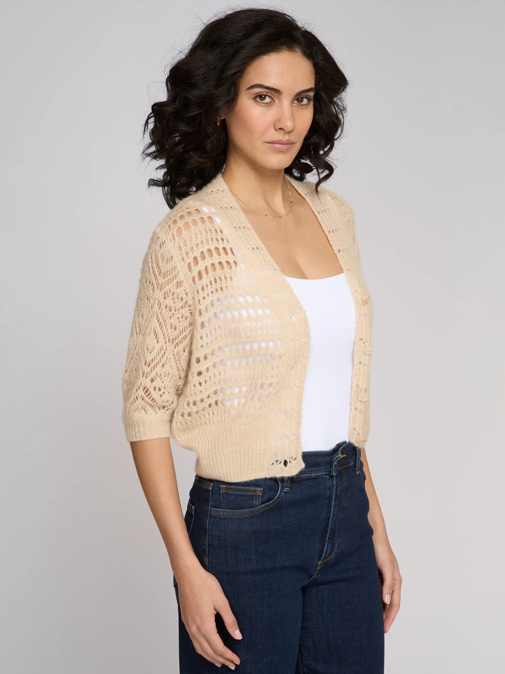 S/S Mixed Pointelle Cardigan in Latte sold by Autumn Cashmere product image thumbnail 3