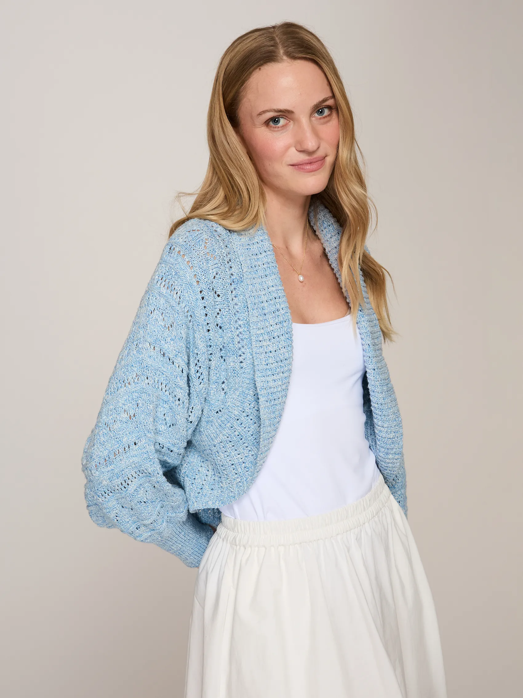 Tweedy Pointelle Cocoon Shrug in Blue Tweed sold by Autumn Cashmere product image thumbnail 3