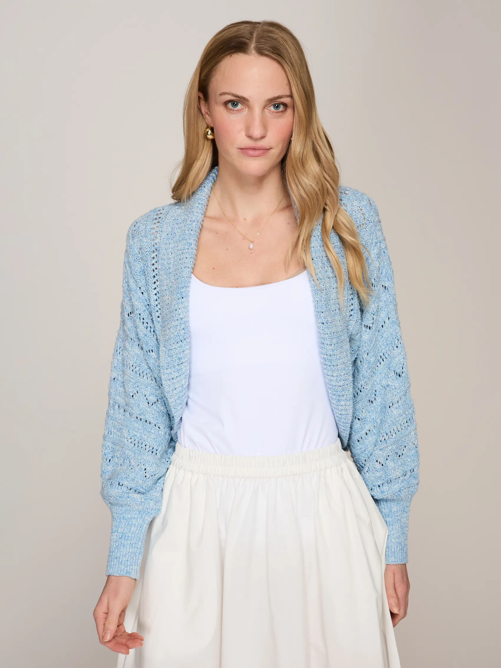 Tweedy Pointelle Cocoon Shrug in Blue Tweed sold by Autumn Cashmere