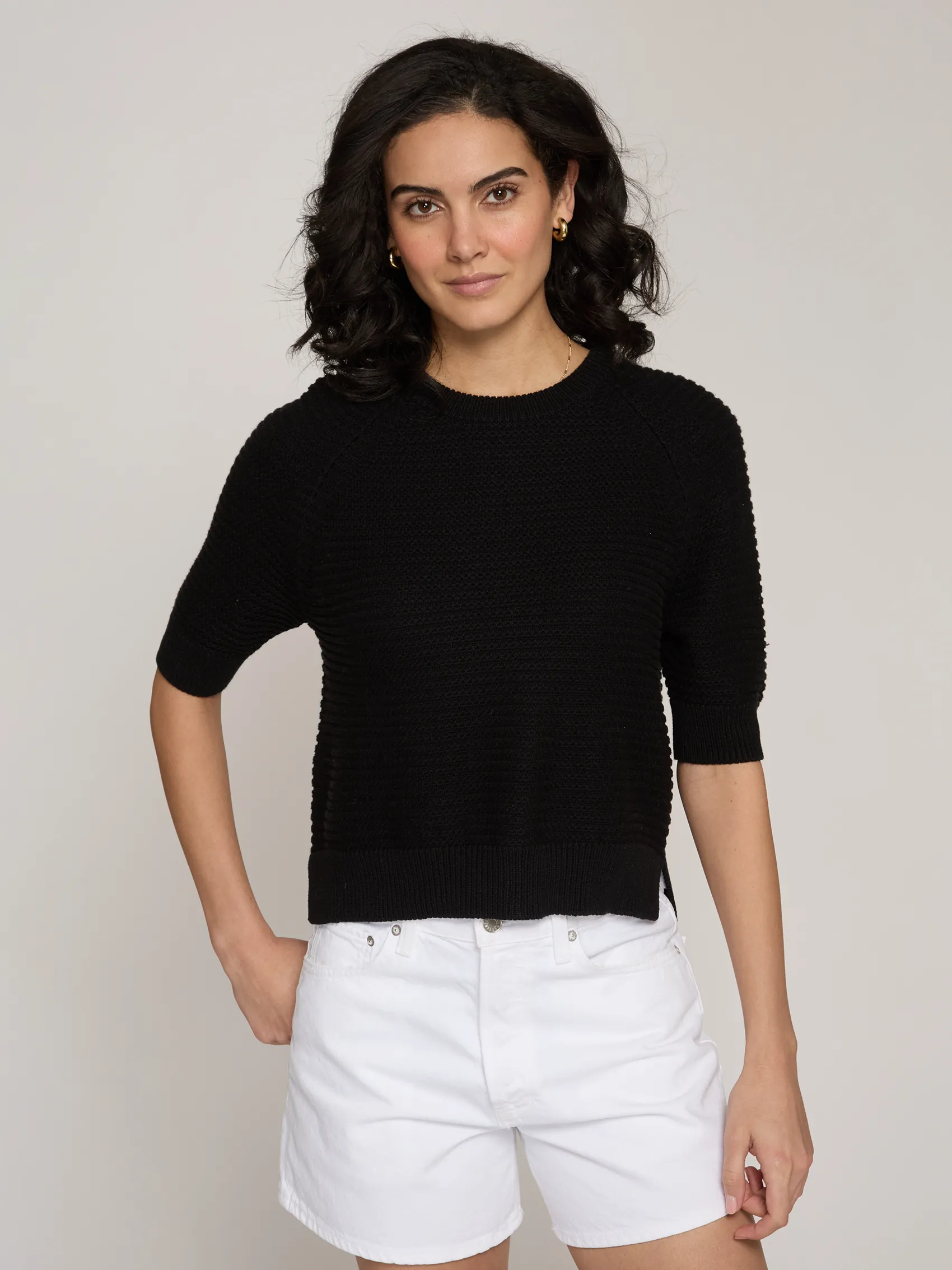 Texture Stitch S/S Raglan Crew w/ Slits in Black sold by Autumn Cashmere