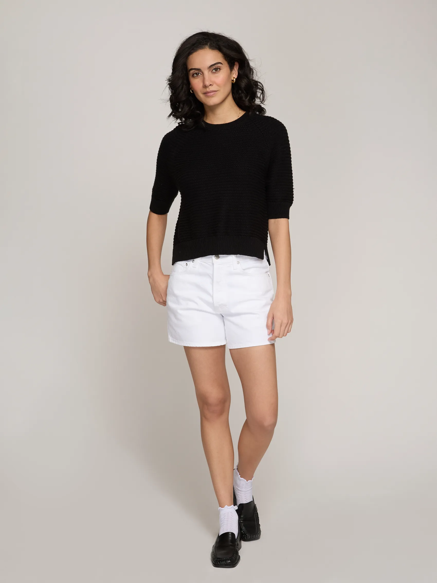 Texture Stitch S/S Raglan Crew w/ Slits in Black sold by Autumn Cashmere product image thumbnail 2