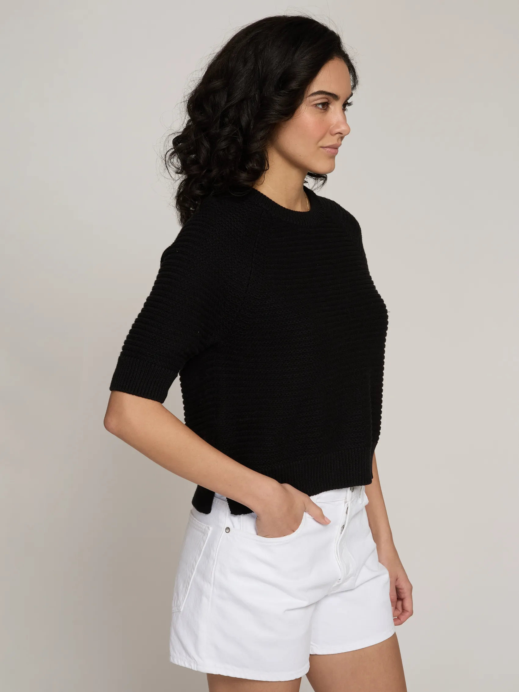 Texture Stitch S/S Raglan Crew w/ Slits in Black sold by Autumn Cashmere product image thumbnail 3