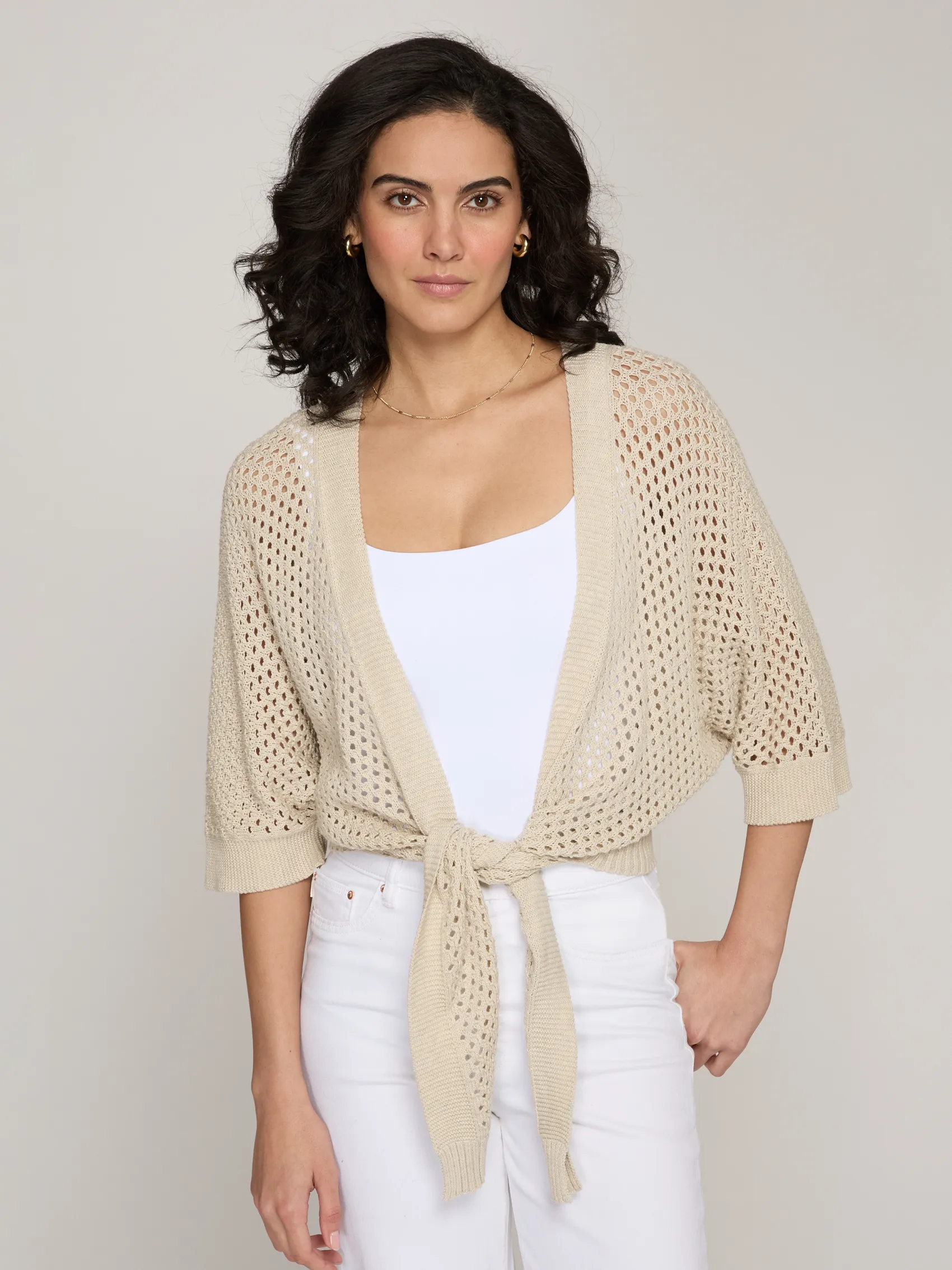 Mesh Dolman Tie Front in Hemp sold by Autumn Cashmere