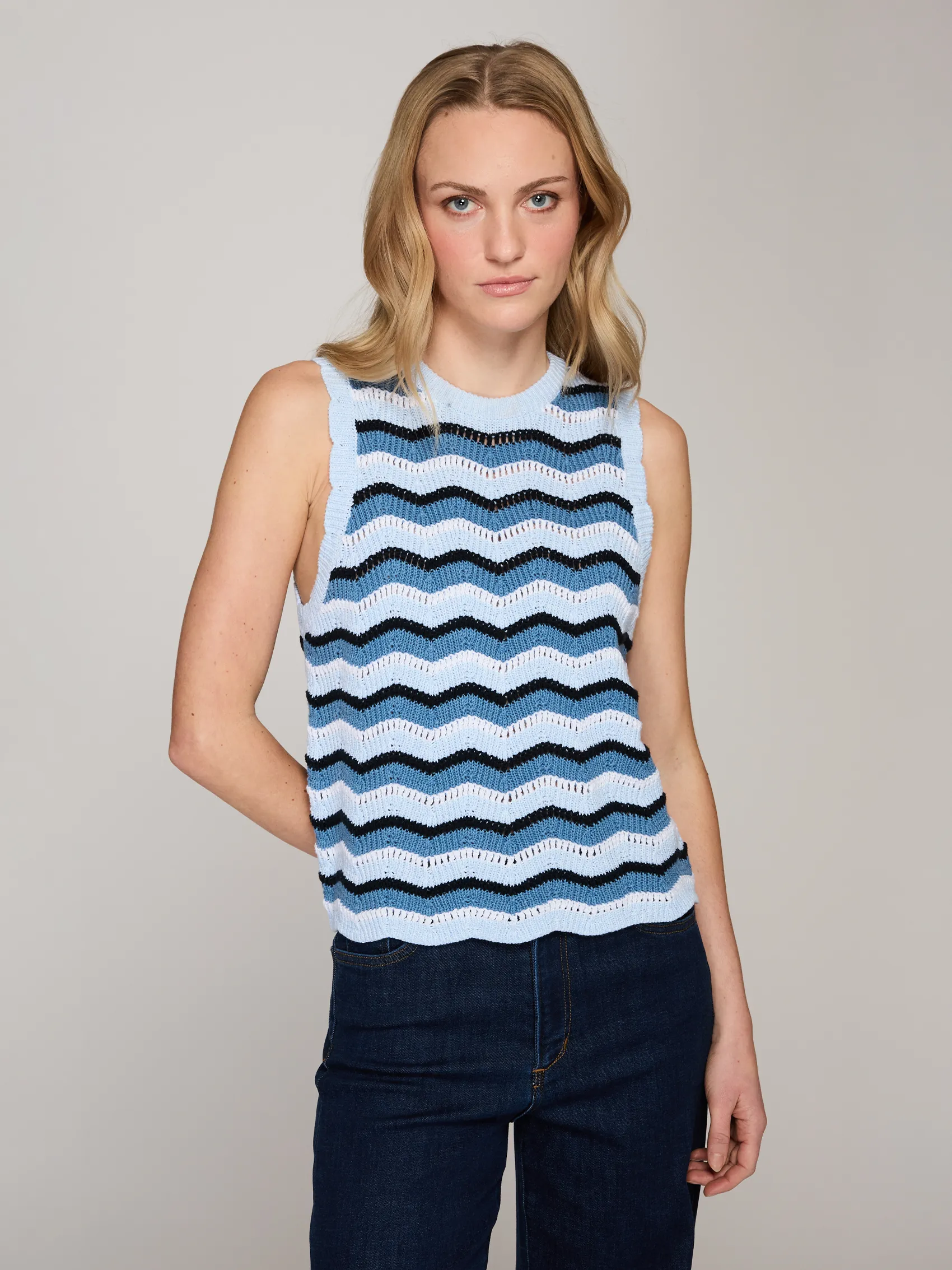 Zig Zag Stitch Tank in Blues Combo sold by Autumn Cashmere