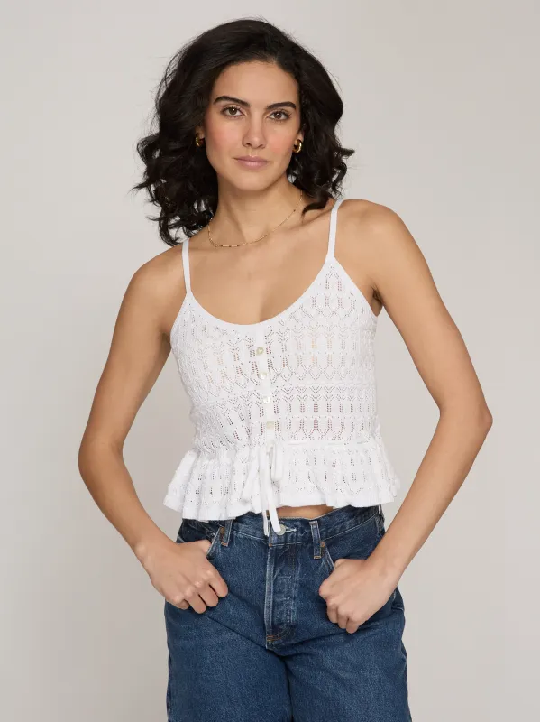 Button Front Pointelle Cami Tank in White made by Autumn Cashmere