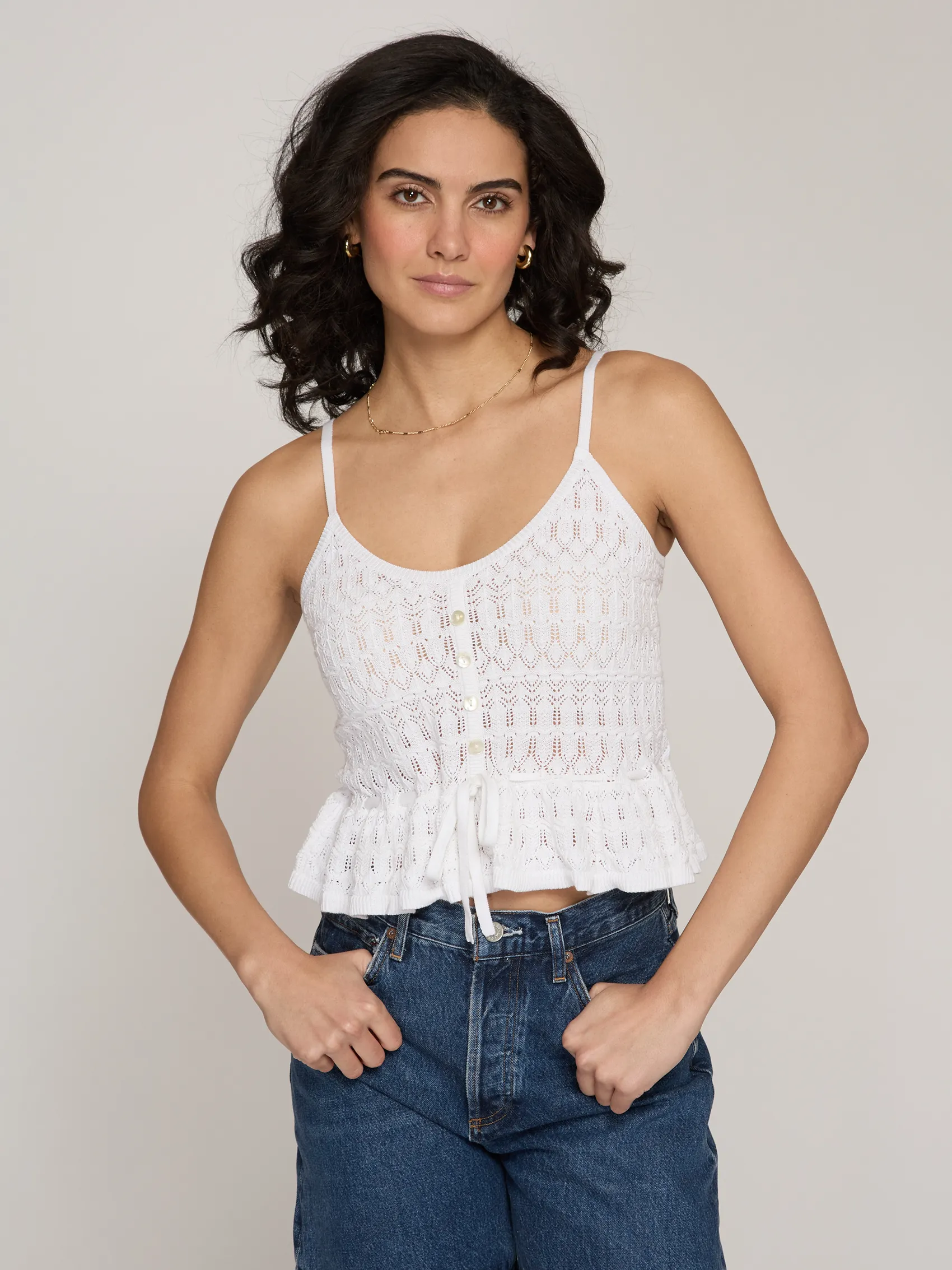 Button Front Pointelle Cami Tank in White sold by Autumn Cashmere