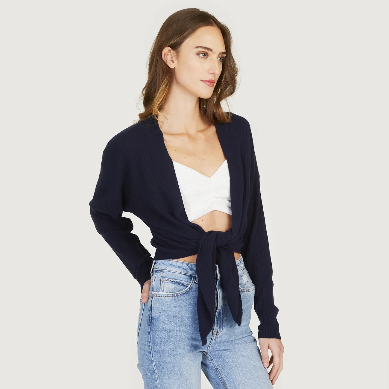 Tie Front Rib Cardigan in Navy sold by Autumn Cashmere product image thumbnail 3