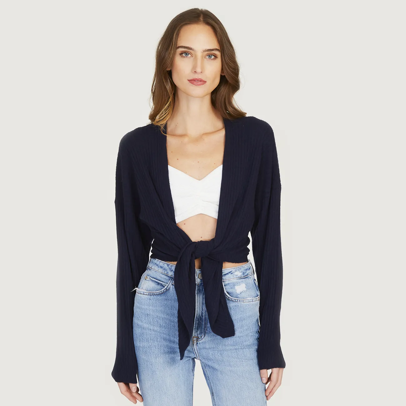 Tie Front Rib Cardigan in Navy sold by Autumn Cashmere