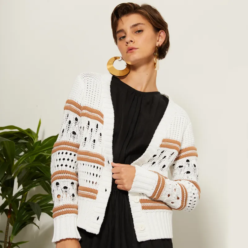 Chunky Multi Stitch Cardigan in Bleach White/Wicker sold by Autumn Cashmere