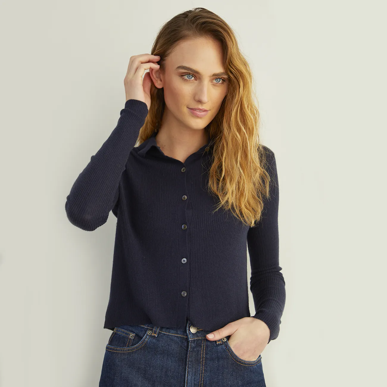 Cropped Rib Polo Cardigan in Peacoat sold by Autumn Cashmere product image thumbnail 3