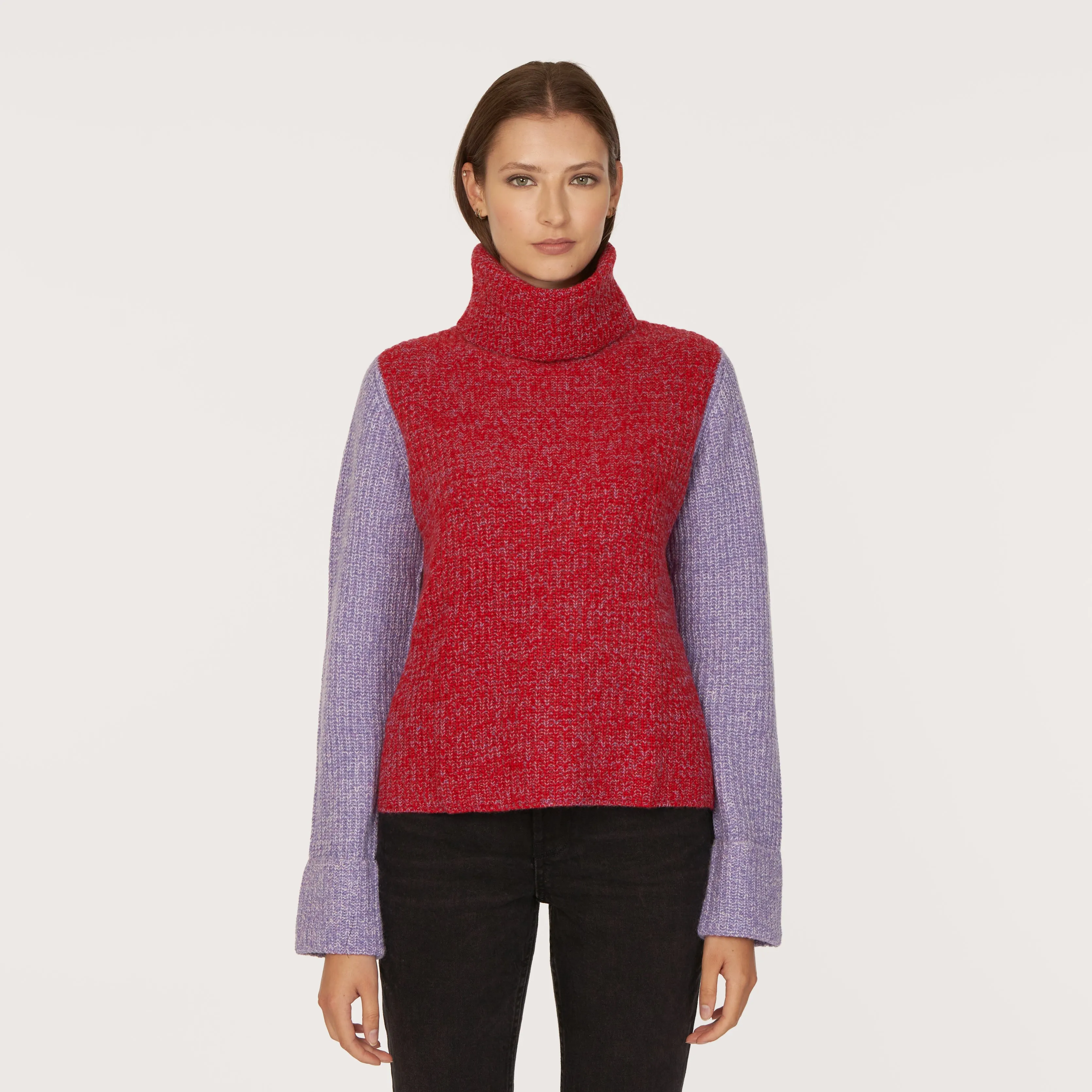 Tweed Color Block Turtleneck in Blazer/Hyacinth sold by Autumn Cashmere