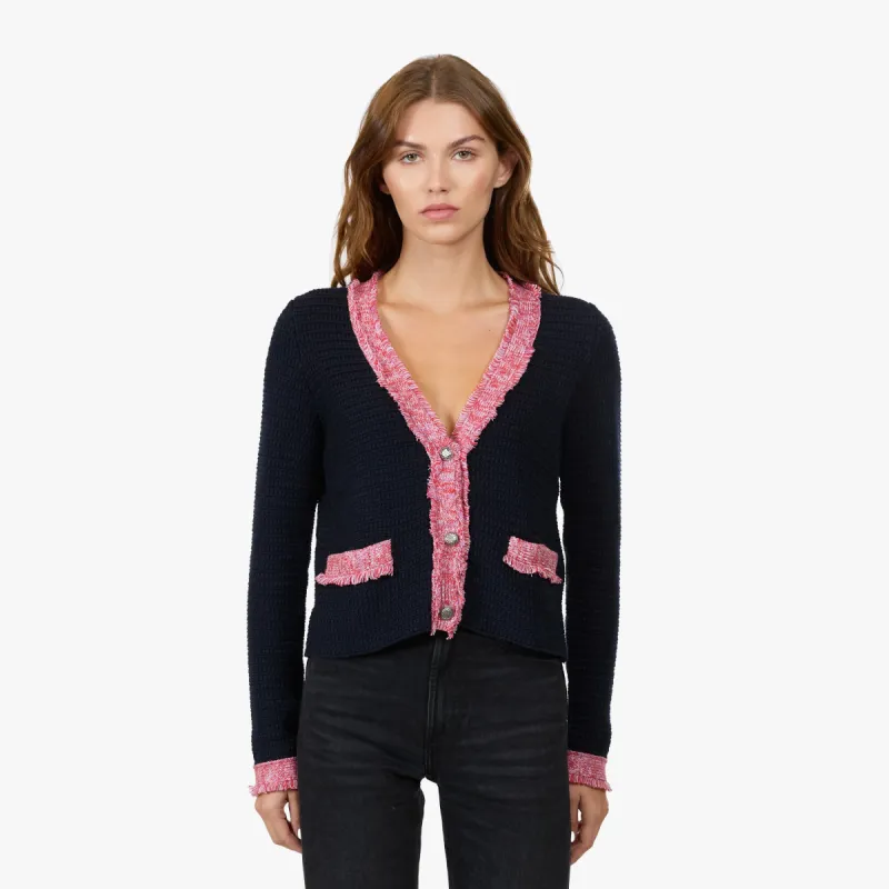 Fringed Trimmed V-Neck Jacket in Navy Blue Combo sold by Autumn Cashmere