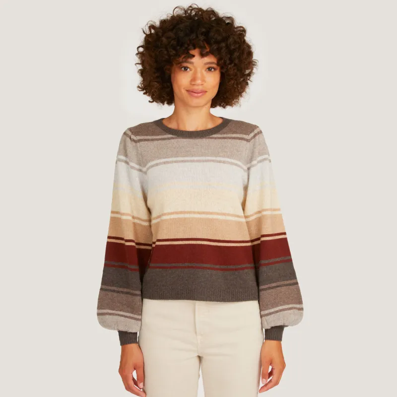 Puff Sleeve Rainbow Stripe Crew in Neutral sold by Autumn Cashmere