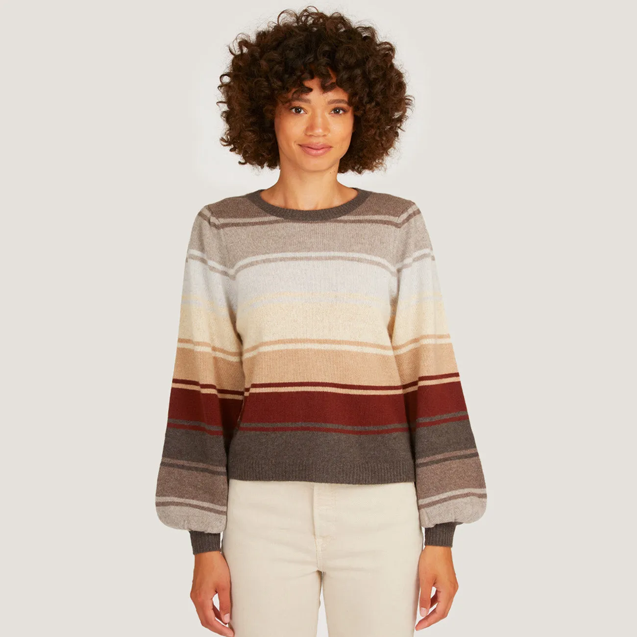 Puff Sleeve Rainbow Stripe Crew in Neutral sold by Autumn Cashmere