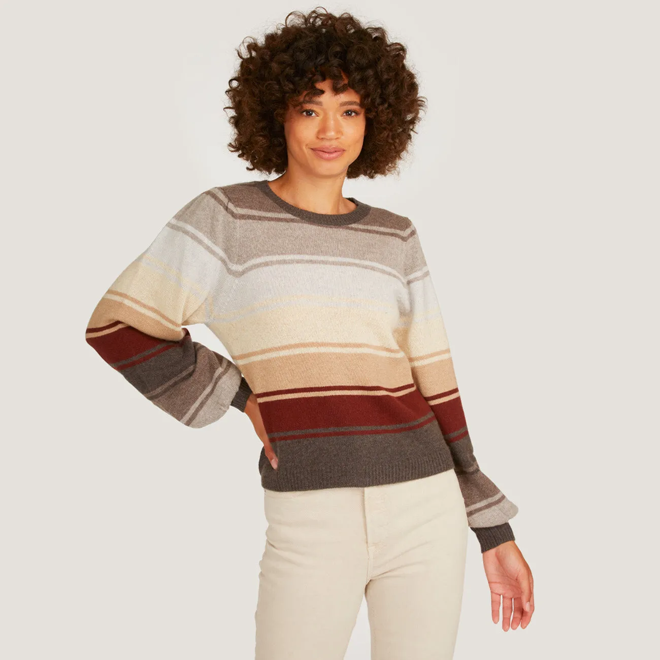 Puff Sleeve Rainbow Stripe Crew in Neutral sold by Autumn Cashmere product image thumbnail 2