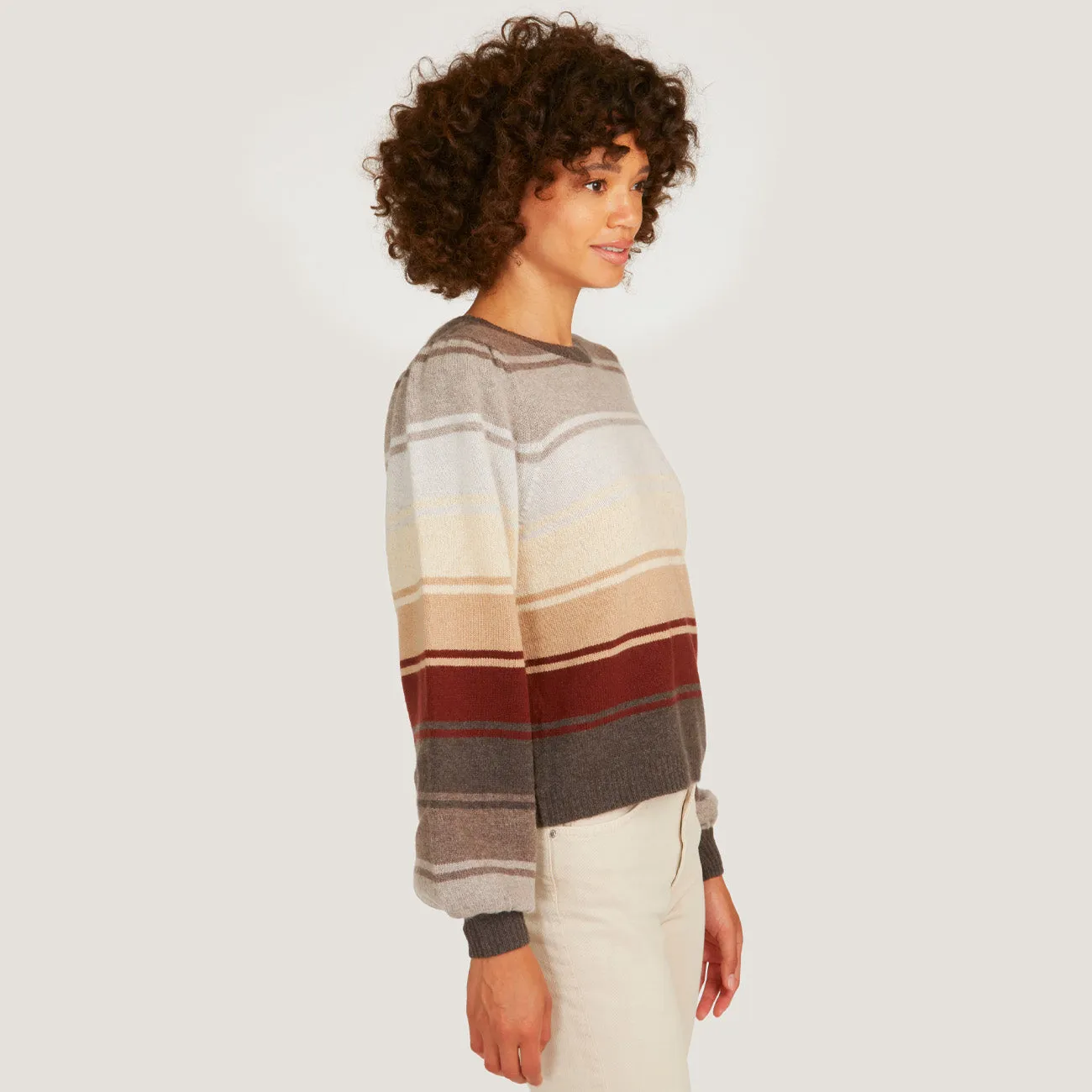 Puff Sleeve Rainbow Stripe Crew in Neutral sold by Autumn Cashmere product image thumbnail 4