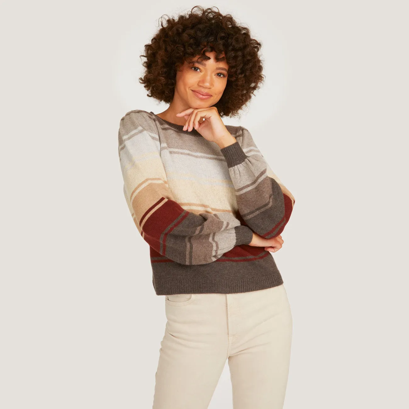 Puff Sleeve Rainbow Stripe Crew in Neutral sold by Autumn Cashmere product image thumbnail 3