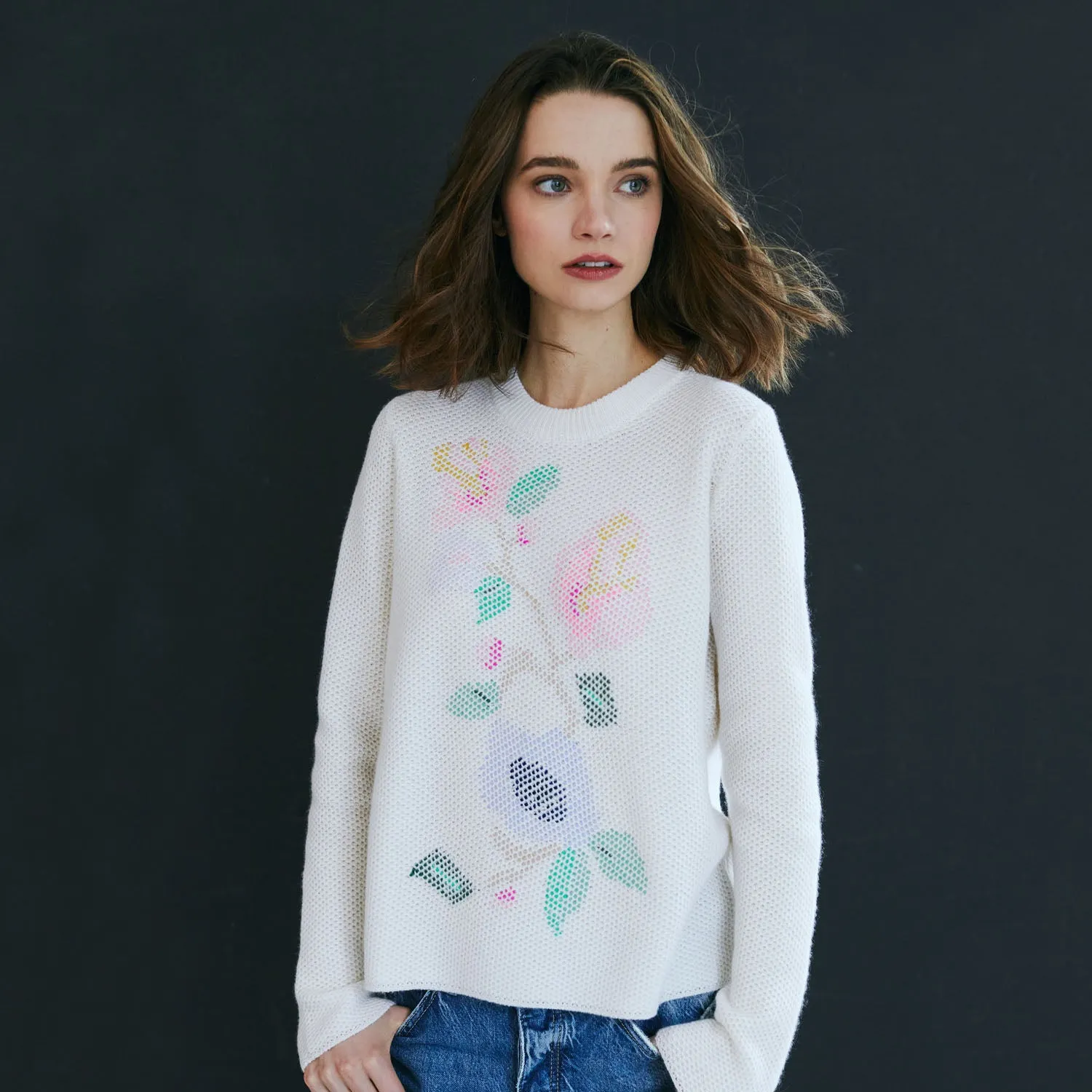 L/S Crew w/ Threaded Floral sold by Autumn Cashmere