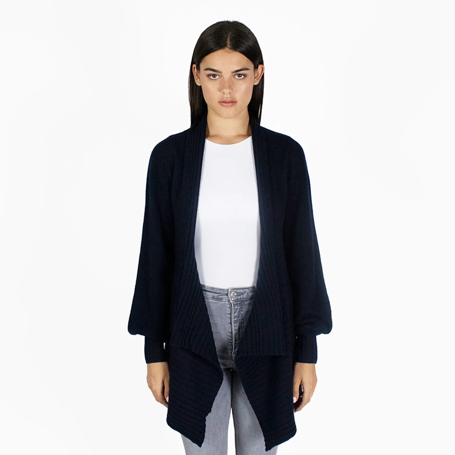 Puff Sleeve Rib Drape in Ebony sold by Autumn Cashmere