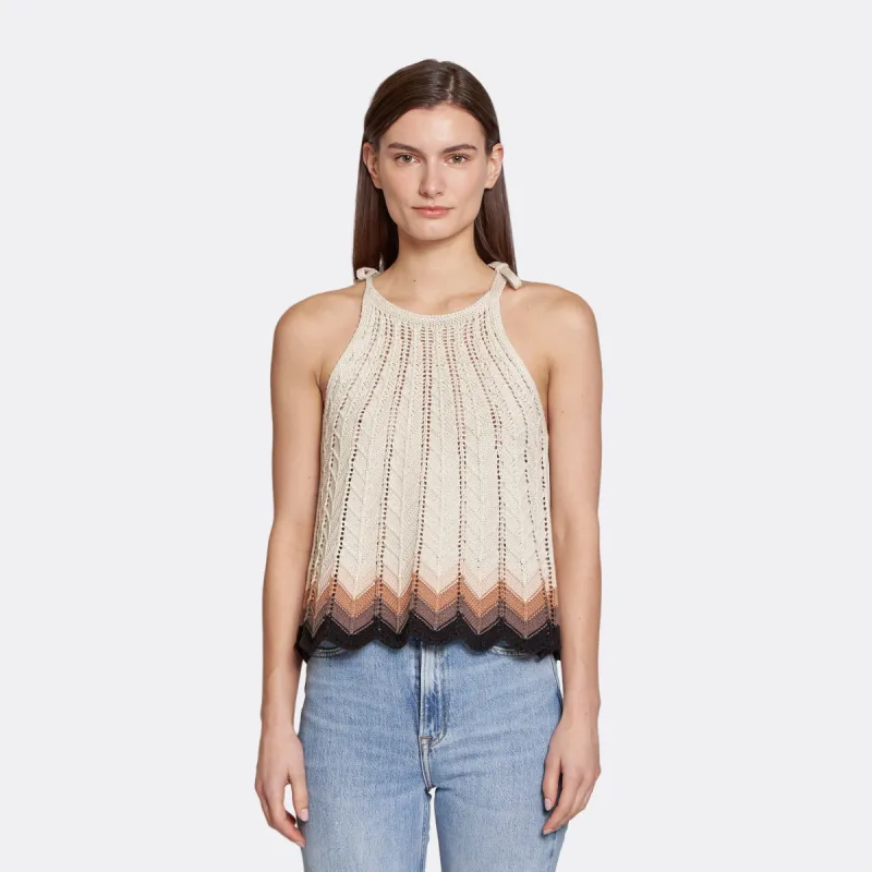 Zig Zag Stitch Flared Halter Tank in Hemp Neutral Combo sold by Autumn Cashmere