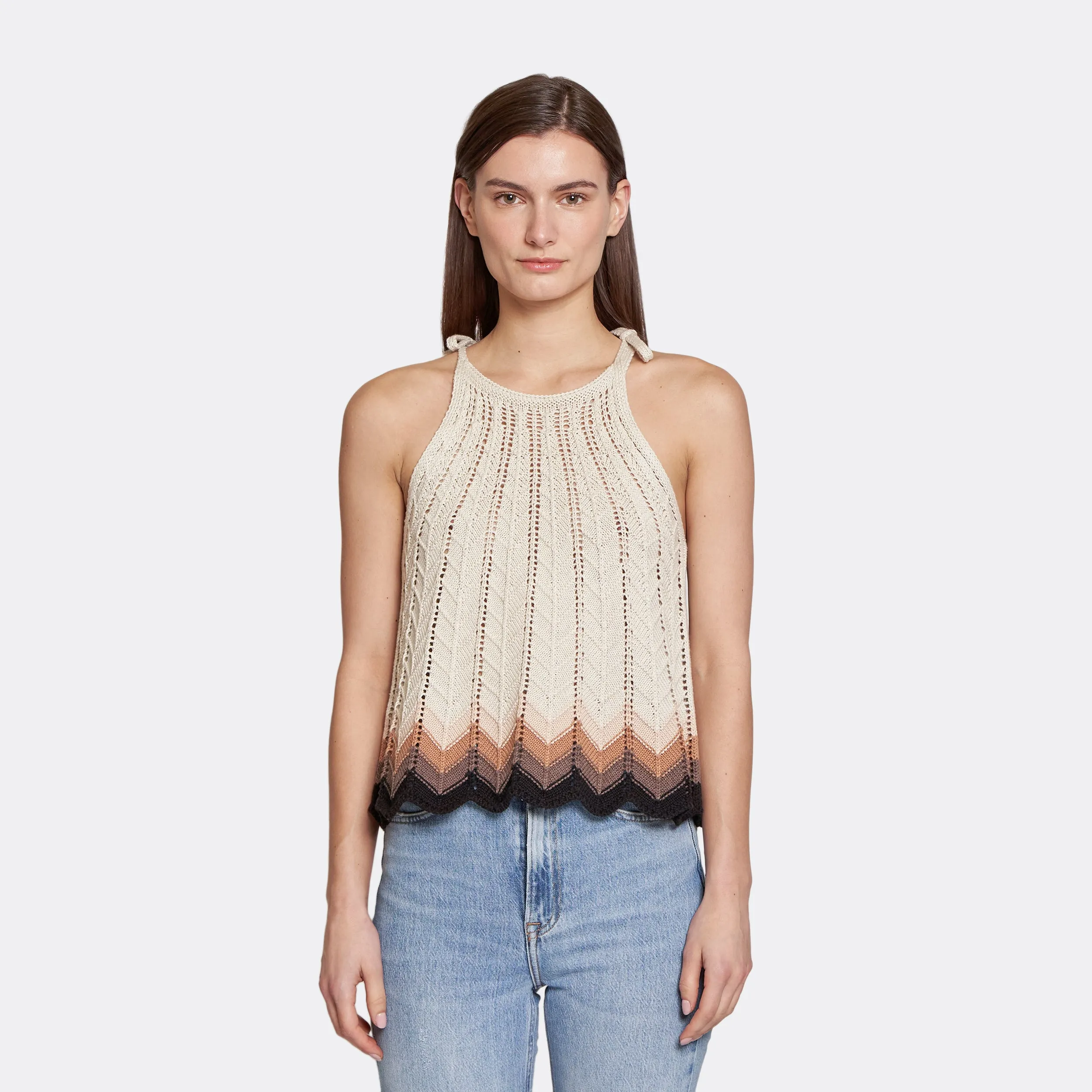 Zig Zag Stitch Flared Halter Tank in Hemp Neutral Combo sold by Autumn Cashmere