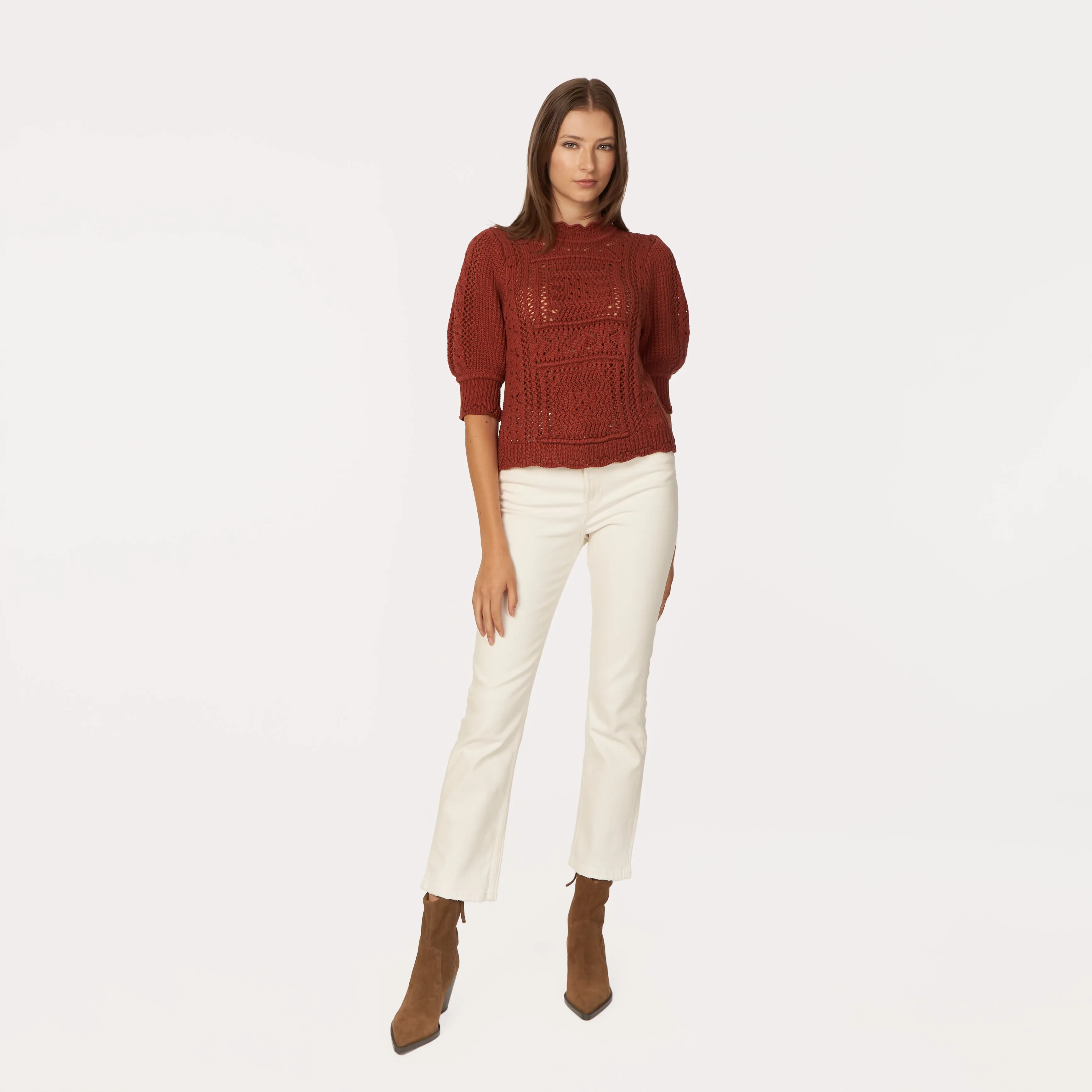 Puff Sleeve Tile Stitch Mock in Cognac sold by Autumn Cashmere product image thumbnail 4