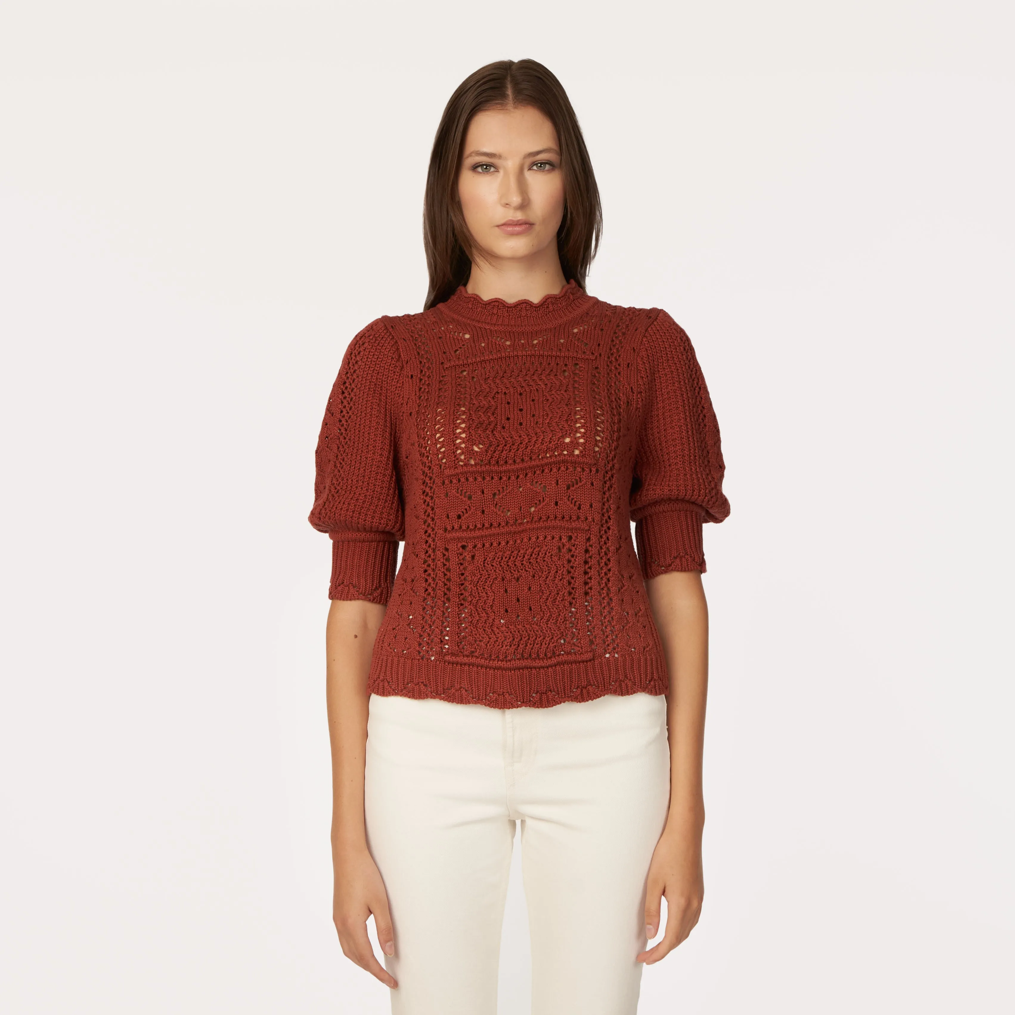Puff Sleeve Tile Stitch Mock in Cognac sold by Autumn Cashmere