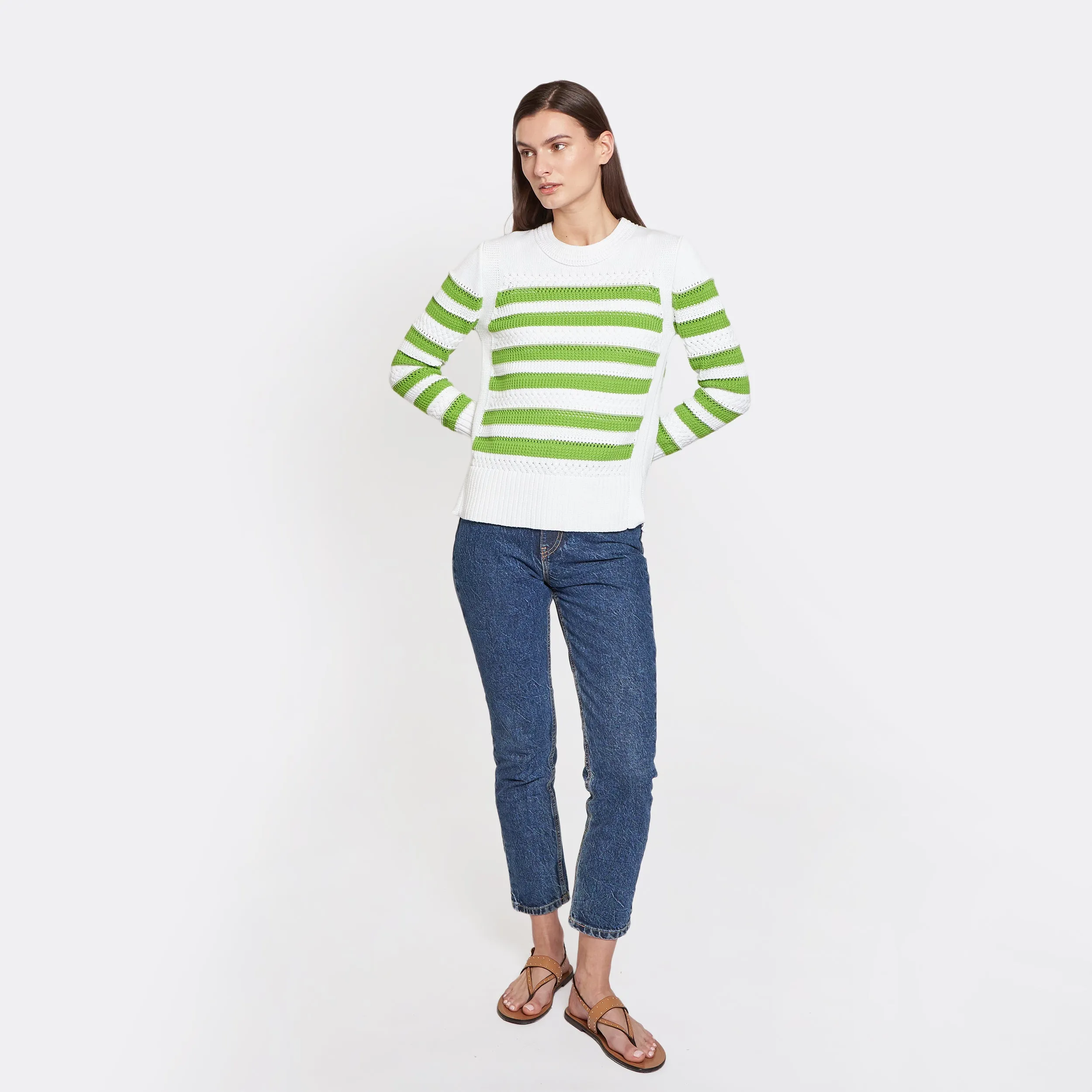 Mixed Stitch Stripe Crew in Bleach White/Green Apple sold by Autumn Cashmere product image thumbnail 2