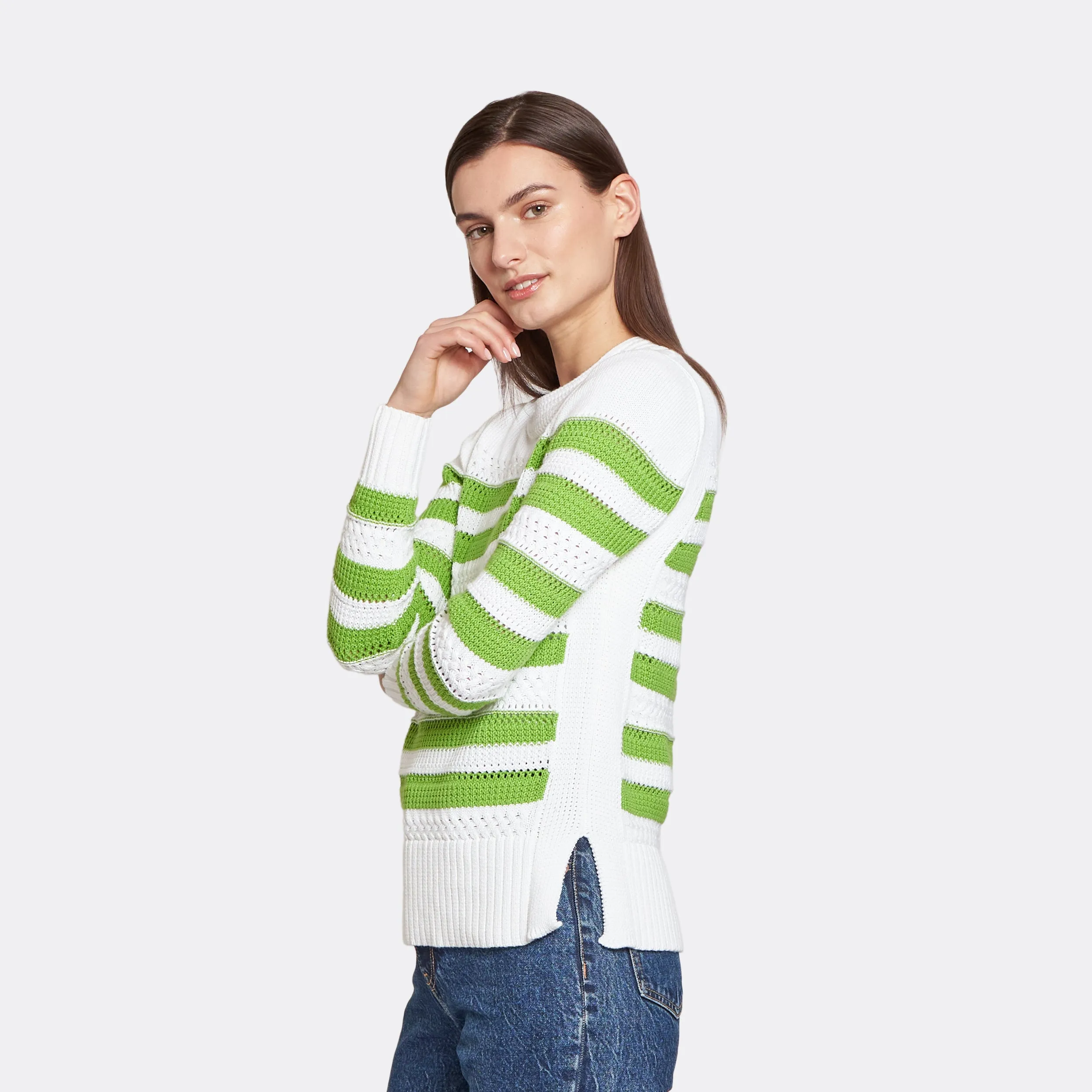 Mixed Stitch Stripe Crew in Bleach White/Green Apple sold by Autumn Cashmere product image thumbnail 3